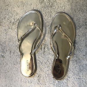 Talbots shiny silver flip flops size 9.